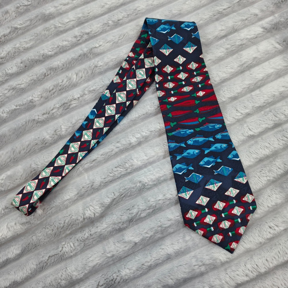 Tabasco Mens Silk Necktie Navy Blue Hot Sauce Chili Pepper Fish Novelty Tie